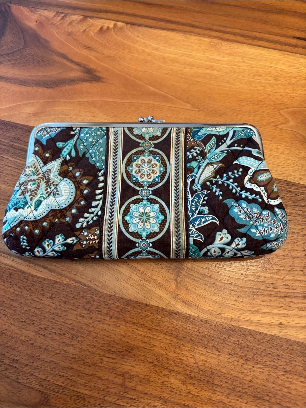 Vera Bradley Paisley Teal Brown Kiss Clasp Double Sided Clutch